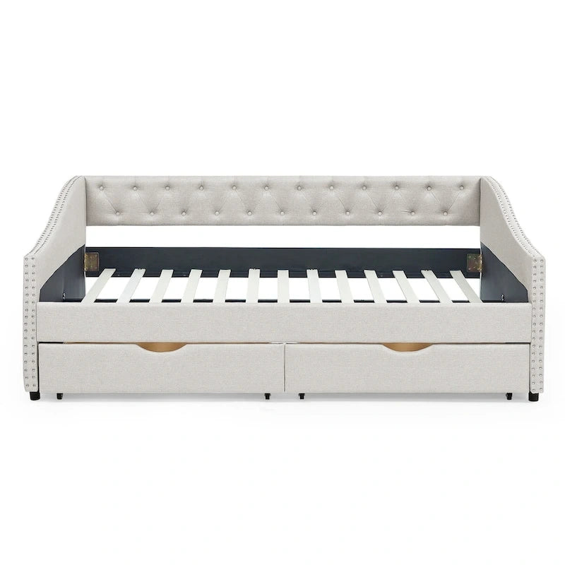 Full Size Linen Upholstered Daybed Frame with 2 Drawers & Tufted Backrest