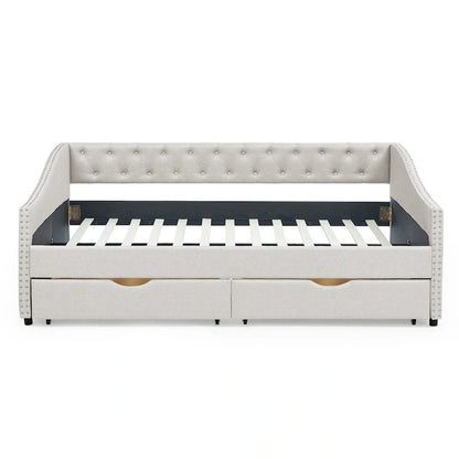 Full Size Linen Upholstered Daybed Frame with 2 Drawers & Tufted Backrest