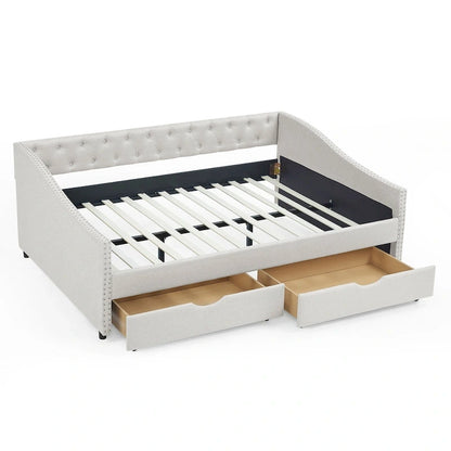 Full Size Linen Upholstered Daybed Frame with 2 Drawers & Tufted Backrest