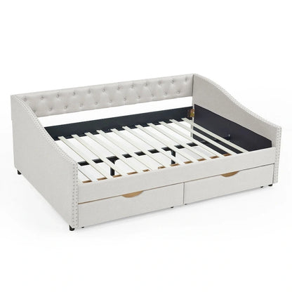 Full Size Linen Upholstered Daybed Frame with 2 Drawers & Tufted Backrest