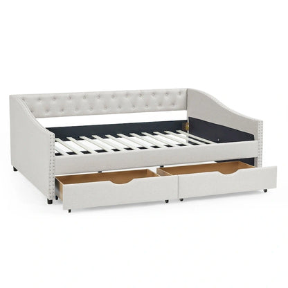 Full Size Linen Upholstered Daybed Frame with 2 Drawers & Tufted Backrest