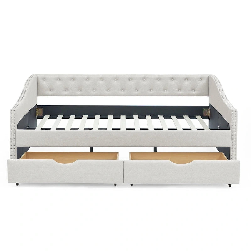 Full Size Linen Upholstered Daybed Frame with 2 Drawers & Tufted Backrest