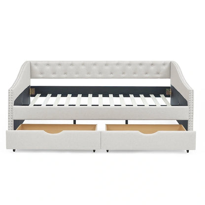 Full Size Linen Upholstered Daybed Frame with 2 Drawers & Tufted Backrest