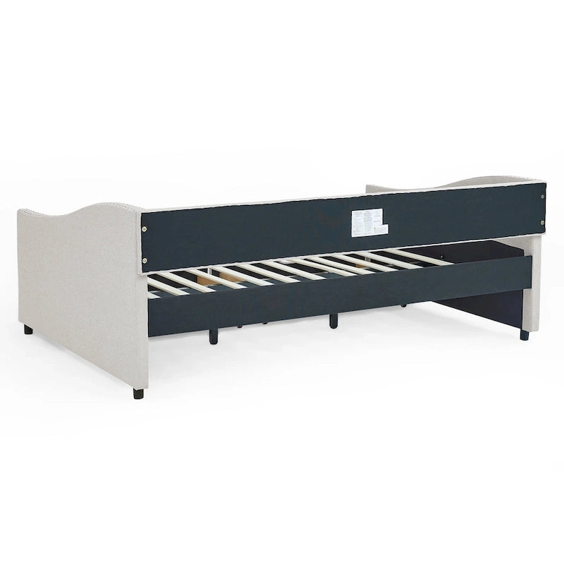 Full Size Linen Upholstered Daybed Frame with 2 Drawers & Tufted Backrest