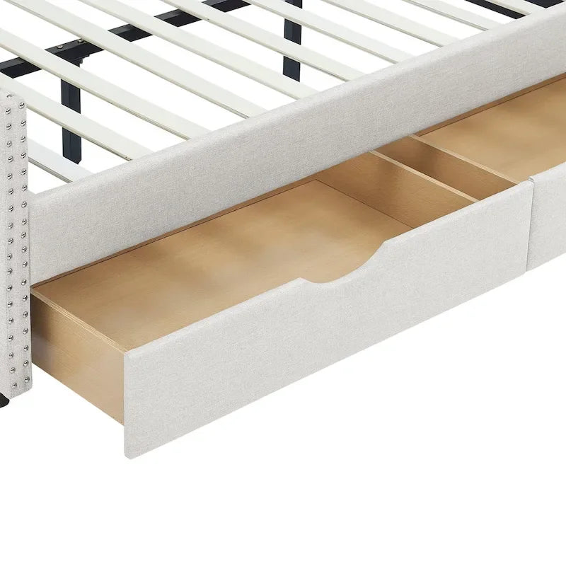 Full Size Linen Upholstered Daybed Frame with 2 Drawers & Tufted Backrest