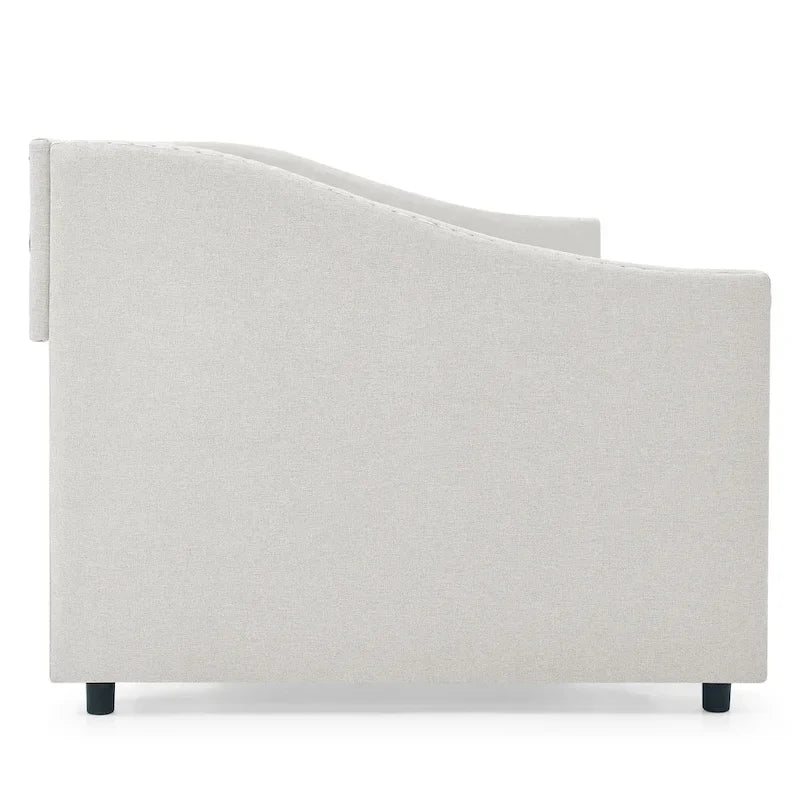 Full Size Linen Upholstered Daybed Frame with 2 Drawers & Tufted Backrest