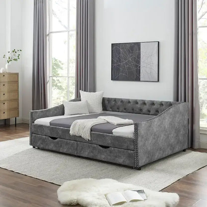 Full Size Linen Upholstered Daybed Frame with 2 Drawers & Tufted Backrest