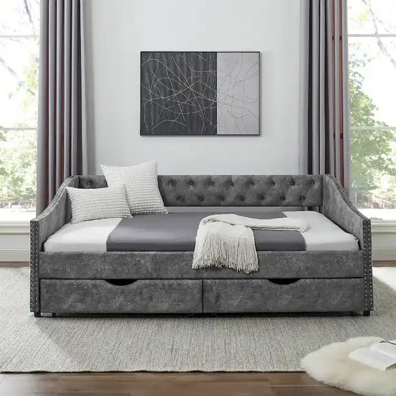 Full Size Linen Upholstered Daybed Frame with 2 Drawers & Tufted Backrest