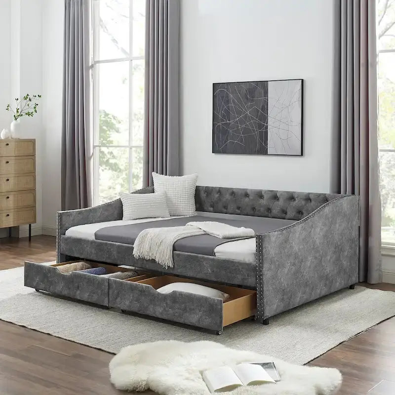 Full Size Linen Upholstered Daybed Frame with 2 Drawers & Tufted Backrest