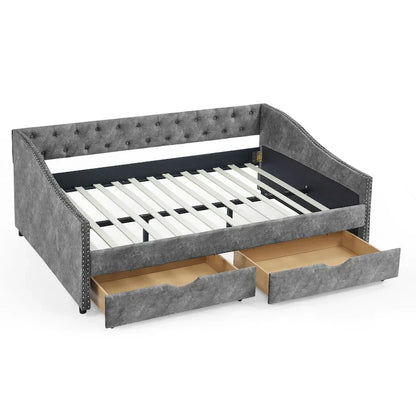 Full Size Linen Upholstered Daybed Frame with 2 Drawers & Tufted Backrest