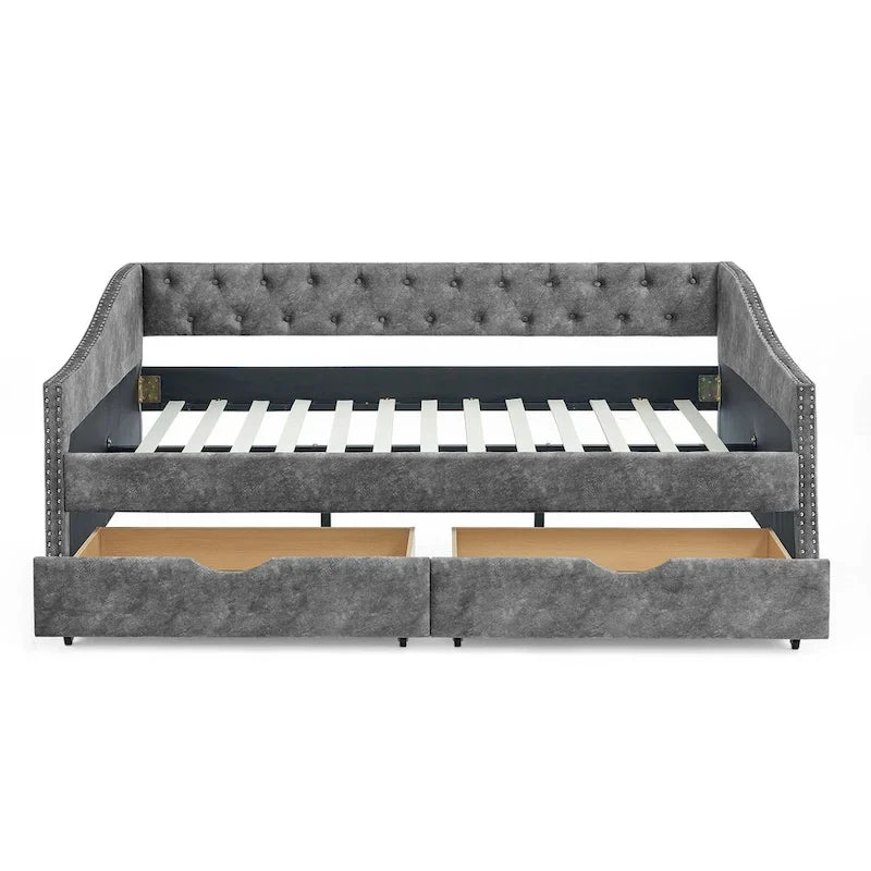 Full Size Linen Upholstered Daybed Frame with 2 Drawers & Tufted Backrest
