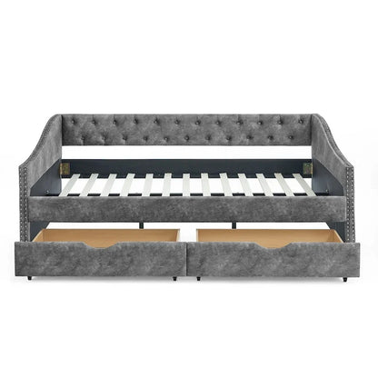 Full Size Linen Upholstered Daybed Frame with 2 Drawers & Tufted Backrest