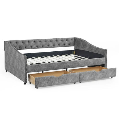 Full Size Linen Upholstered Daybed Frame with 2 Drawers & Tufted Backrest