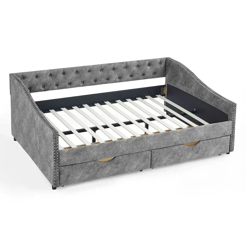 Full Size Linen Upholstered Daybed Frame with 2 Drawers & Tufted Backrest