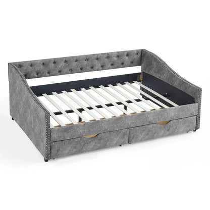 Full Size Linen Upholstered Daybed Frame with 2 Drawers & Tufted Backrest