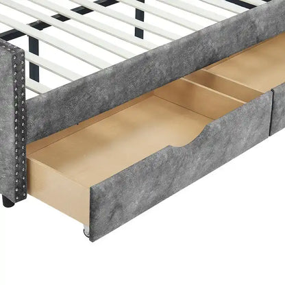 Full Size Linen Upholstered Daybed Frame with 2 Drawers & Tufted Backrest