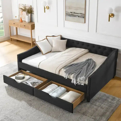 Full Size Linen Upholstered Daybed Frame with 2 Drawers & Tufted Backrest