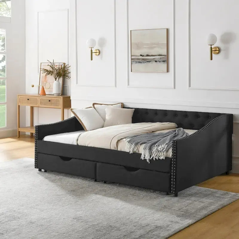Full Size Linen Upholstered Daybed Frame with 2 Drawers & Tufted Backrest