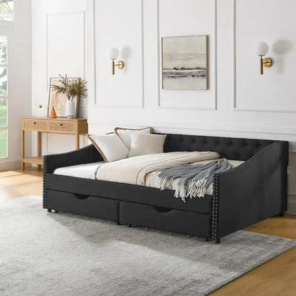 Full Size Linen Upholstered Daybed Frame with 2 Drawers & Tufted Backrest