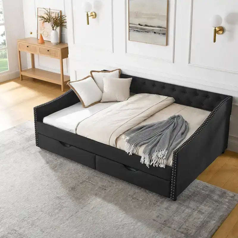 Full Size Linen Upholstered Daybed Frame with 2 Drawers & Tufted Backrest