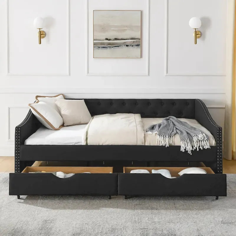 Full Size Linen Upholstered Daybed Frame with 2 Drawers & Tufted Backrest