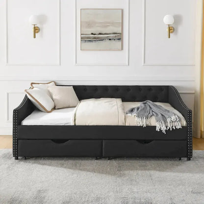Full Size Linen Upholstered Daybed Frame with 2 Drawers & Tufted Backrest