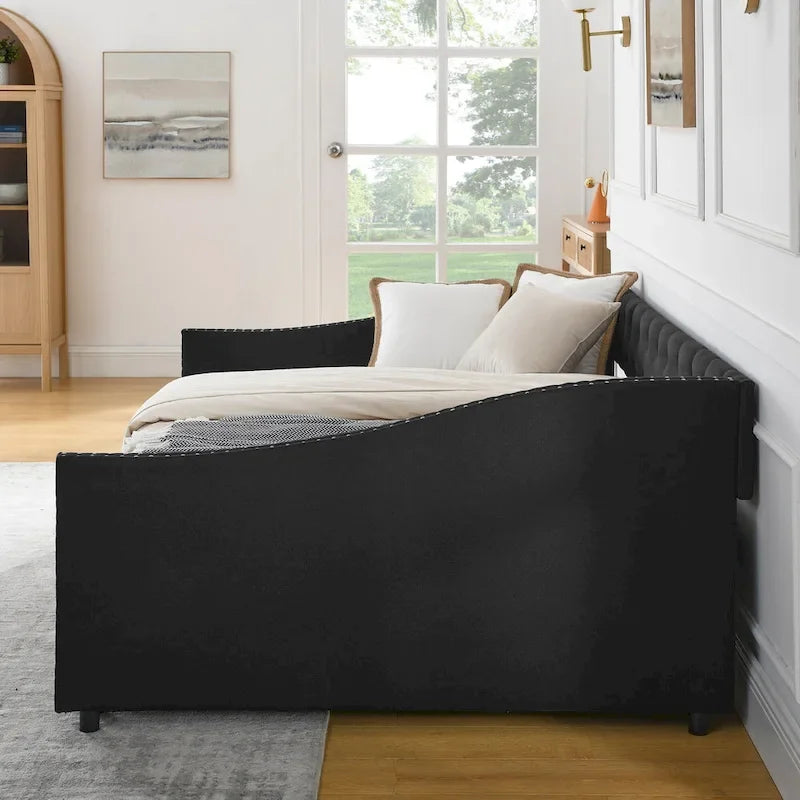 Full Size Linen Upholstered Daybed Frame with 2 Drawers & Tufted Backrest
