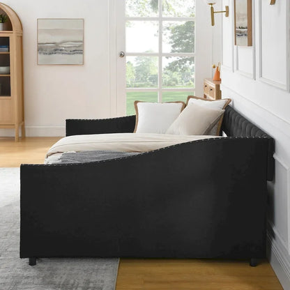 Full Size Linen Upholstered Daybed Frame with 2 Drawers & Tufted Backrest