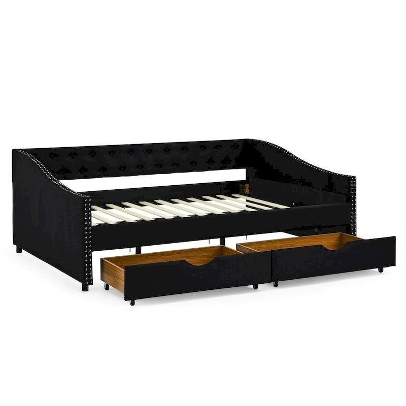Full Size Linen Upholstered Daybed Frame with 2 Drawers & Tufted Backrest