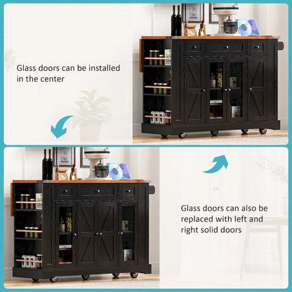 Kitchen Island on Lockable Wheels with Drop Leaf, Moveable Island Table with 2 Tempered Glass Doors, Power Outlet & 5 Open Racks