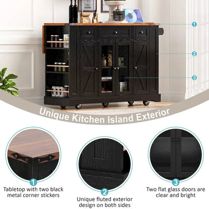 Kitchen Island on Lockable Wheels with Drop Leaf, Moveable Island Table with 2 Tempered Glass Doors, Power Outlet & 5 Open Racks