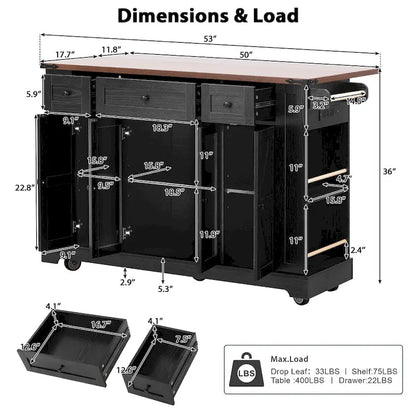 Kitchen Island on Lockable Wheels with Drop Leaf, Moveable Island Table with 2 Tempered Glass Doors, Power Outlet & 5 Open Racks