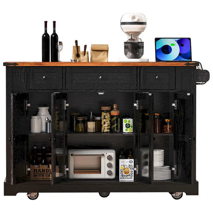 Kitchen Island on Lockable Wheels with Drop Leaf, Moveable Island Table with 2 Tempered Glass Doors, Power Outlet & 5 Open Racks