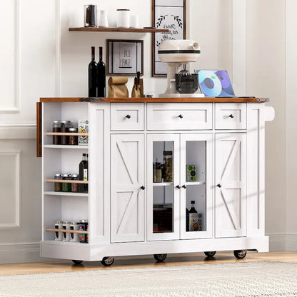 Kitchen Island on Lockable Wheels with Drop Leaf, Moveable Island Table with 2 Tempered Glass Doors, Power Outlet & 5 Open Racks