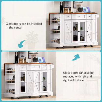 Kitchen Island on Lockable Wheels with Drop Leaf, Moveable Island Table with 2 Tempered Glass Doors, Power Outlet & 5 Open Racks