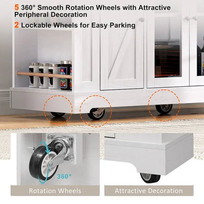 Kitchen Island on Lockable Wheels with Drop Leaf, Moveable Island Table with 2 Tempered Glass Doors, Power Outlet & 5 Open Racks