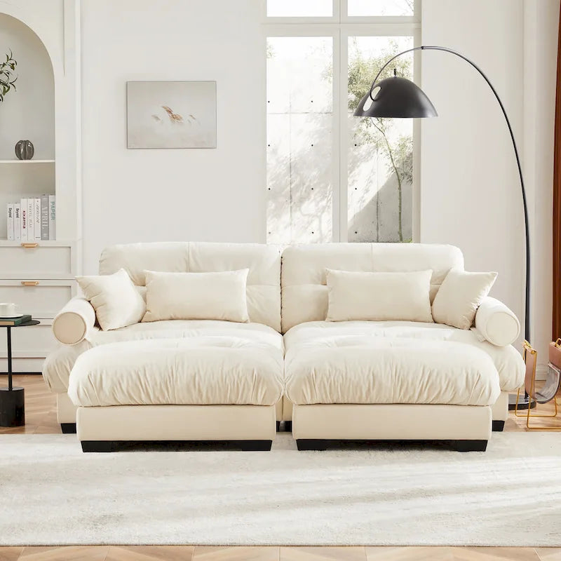 Velvet Fabric Loveseat Couch Modular Sectional Sofa with 2 Ottomans