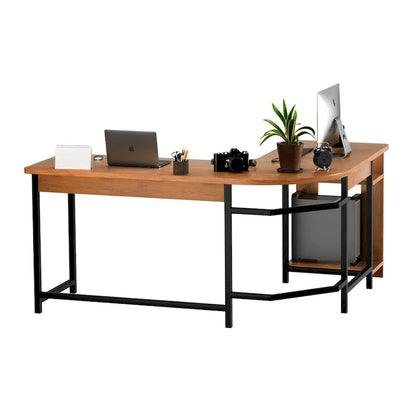 Modern L-Shaped Gaming PC Desk with Wood and Black Frame for Home Office Study