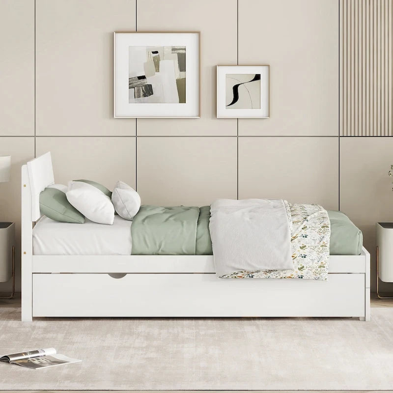 Twin Size White Wood Platform Bed with Twin Trundle