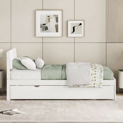 Twin Size White Wood Platform Bed with Twin Trundle