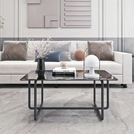Modern Tempered Glass and Black Metal Coffee Table - 23.62 x 39.37 x 17.71