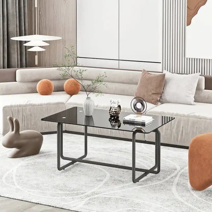 Modern Tempered Glass and Black Metal Coffee Table - 23.62 x 39.37 x 17.71