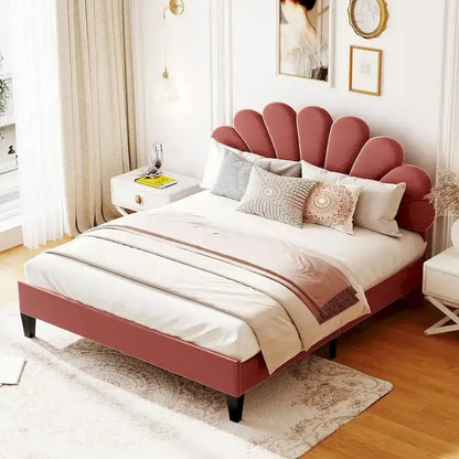 Queen Size Muted Red Velvet Upholstered Platform Bed