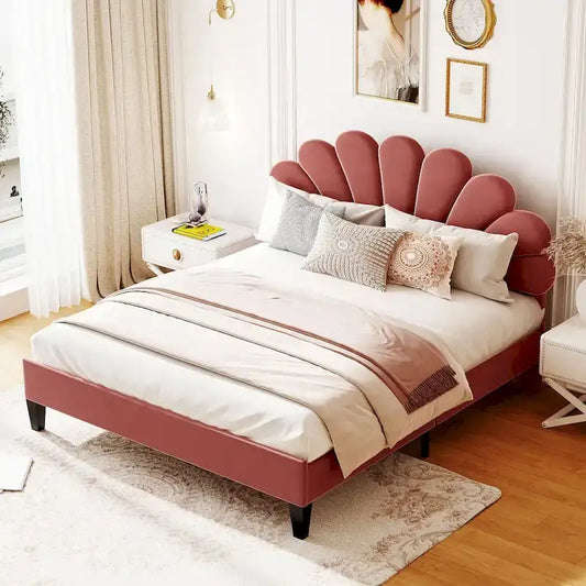 Queen Size Muted Red Velvet Upholstered Platform Bed
