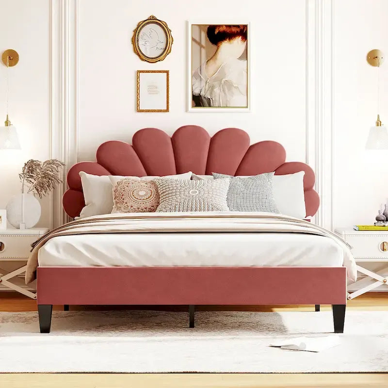 Queen Size Muted Red Velvet Upholstered Platform Bed