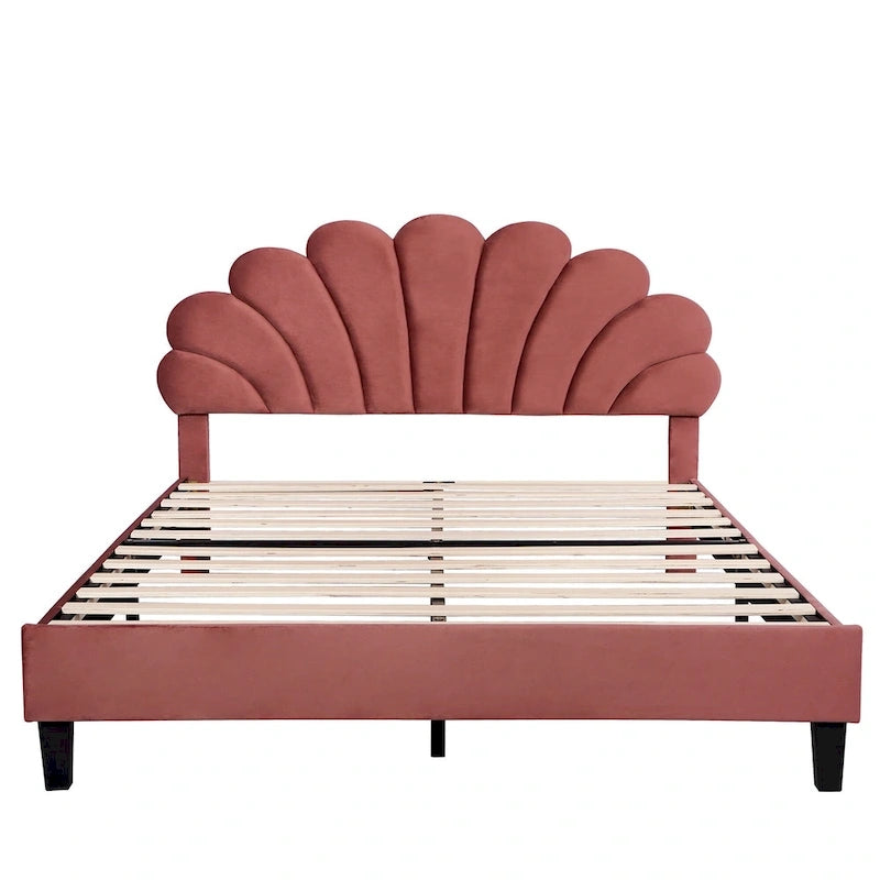 Queen Size Muted Red Velvet Upholstered Platform Bed