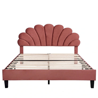 Queen Size Muted Red Velvet Upholstered Platform Bed