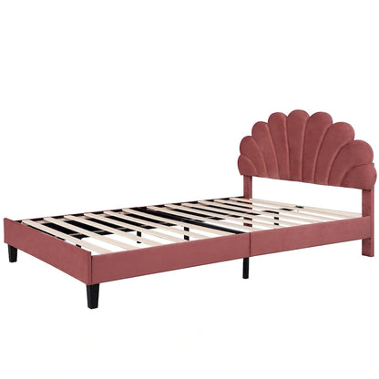 Queen Size Muted Red Velvet Upholstered Platform Bed