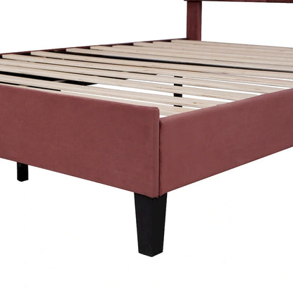 Queen Size Muted Red Velvet Upholstered Platform Bed