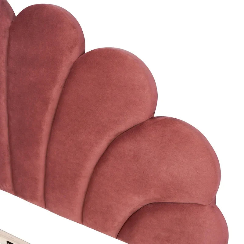 Queen Size Muted Red Velvet Upholstered Platform Bed